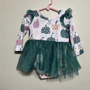 Marie Nicole Pumpkin Print Baby Dress with Green Tulle Toddler Size 12/18 Month